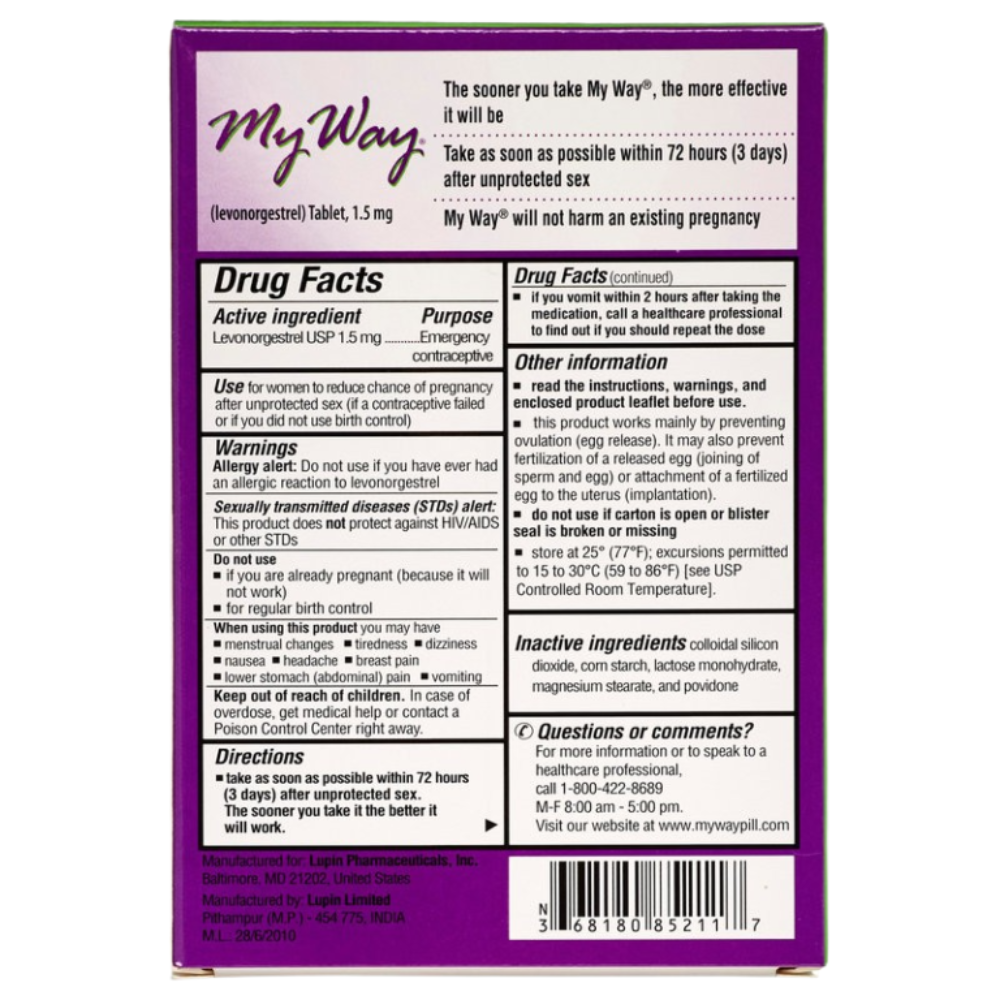 My Way® – USA Brand Morning After Pill (Levonorgestrel 1.5mg) | Plan B Emergency Contraceptive Philippines